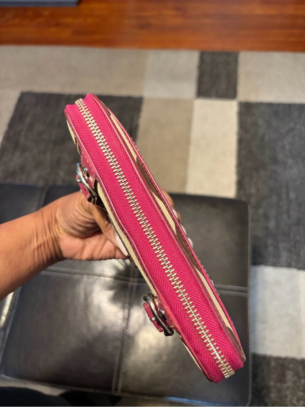 Coach Signature Buckle Accordion Zip Wallet Pink Leather Trim